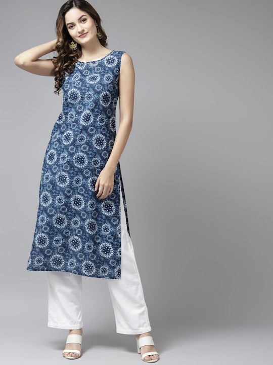 Yufta Women Blue Pure Cotton Printed Kurta - S