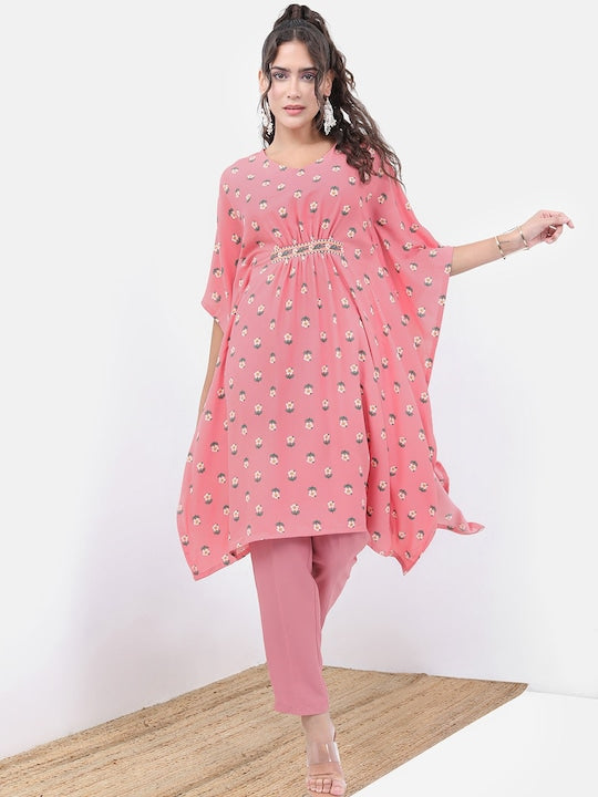 Vishudh Pink Floral Printed V-neck Kaftan With Trouser