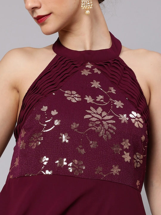 AKS Couture Embelished Halter Neck Georgette Maxi Dress