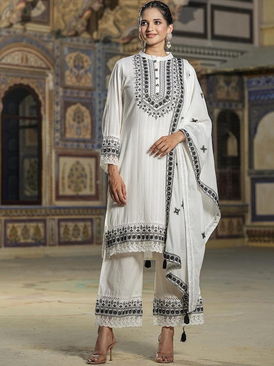 Scakhi Floral Embroidered Regular Pure Cotton Kurta with Palazzos & Dupatta