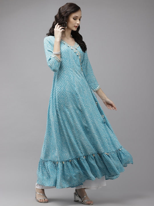 Yufta Women Turquoise Blue Leheriya Printed Kurta