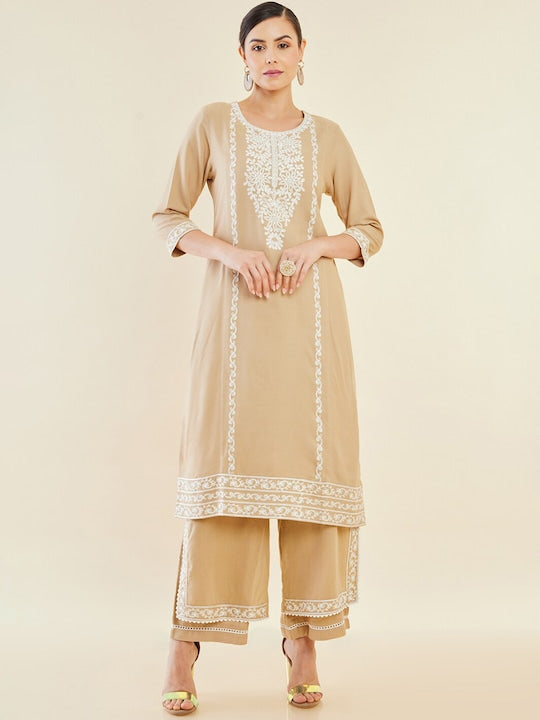 Soch Beige Ethnic Motifs Embroidered Regular Straight Kurta With Palazzos - M