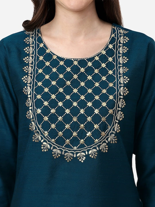 Here&now Women Teal Ethnic Motifs Embroidered Kurta