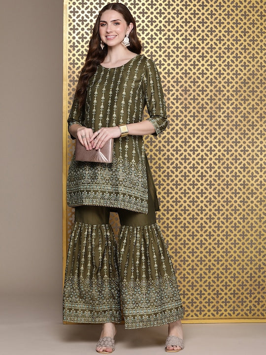 House of Pataudi Ethnic Motifs Printed Regular Jashn Kurta with Sharara