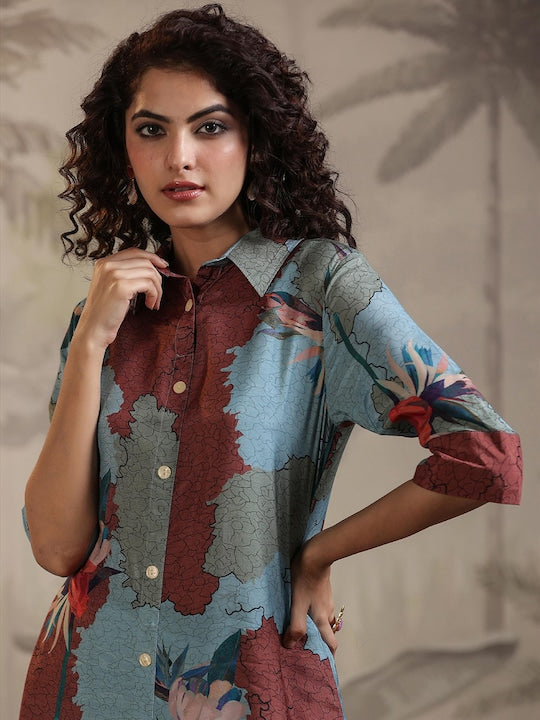 SCAKHI Floral Printed Shirt Collar Kurta With Trousers
