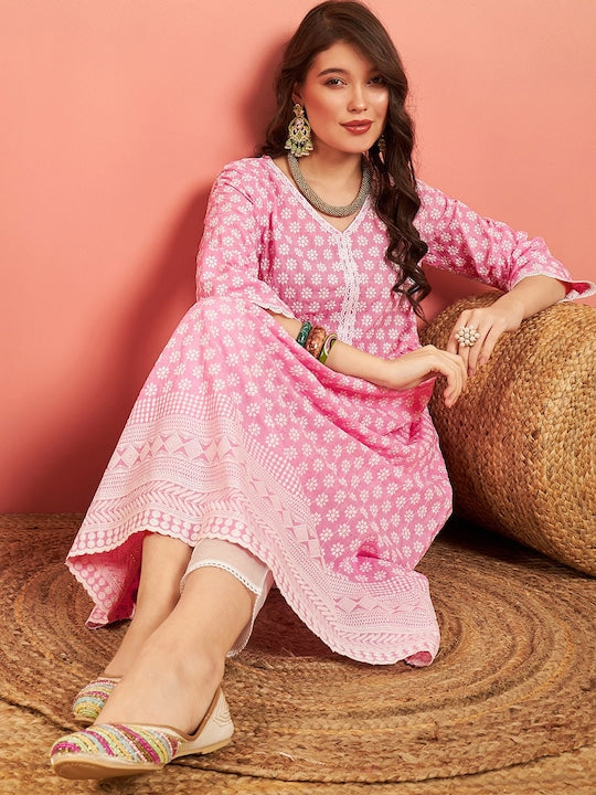 Sangria Pink Floral Embroidered V-Neck Cotton Pleated A-Line Kurta