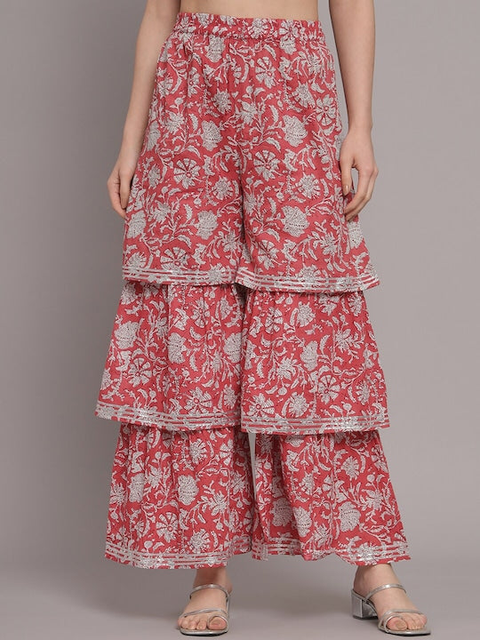 Myshka Floral Printed Anarkali Pure Cotton Kurta with Sharara & Dupatta