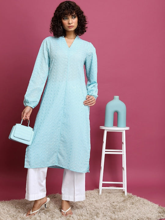 Vishudh Blue Floral Embroidered Puff Sleeve Pastels Cotton Straight Kurta