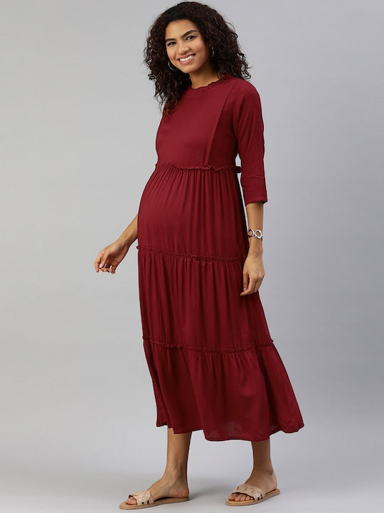 MomToBe Women Maroon Solid Maternity Nursing Maxi Dress