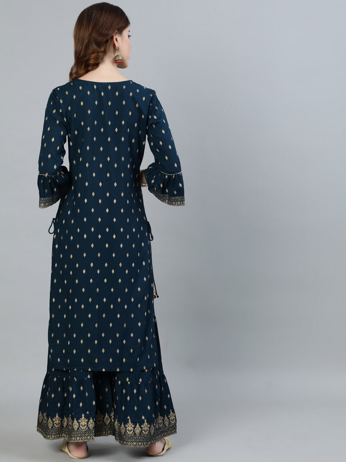 ISHIN Teal Yoke Embroidered A-Line Kurta With Sharara (Set of 2)