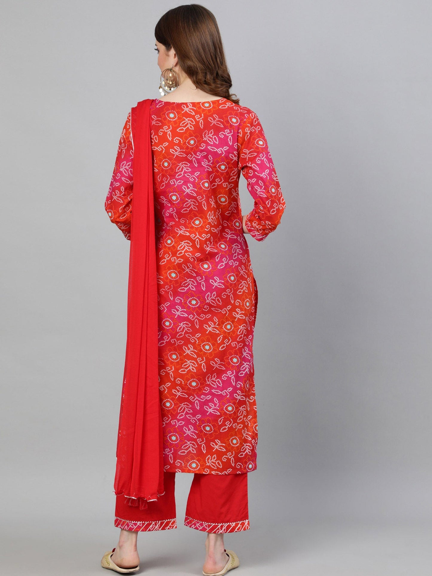 ISHIN Multicolor Bandhani Zari Embroidered A-Line Kurta Palazzo Dupatta (Set of 3)