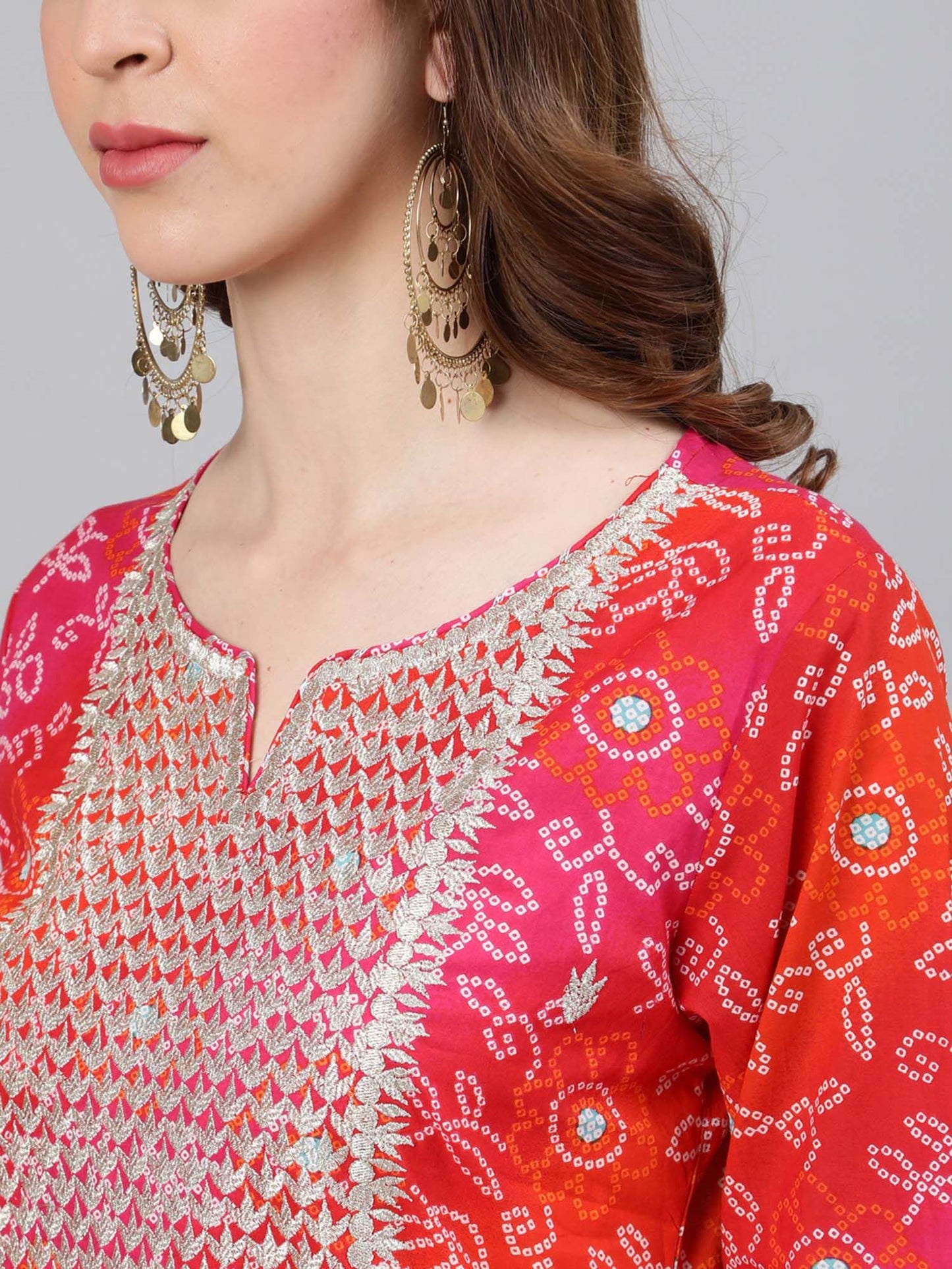 ISHIN Multicolor Bandhani Zari Embroidered A-Line Kurta Palazzo Dupatta (Set of 3)