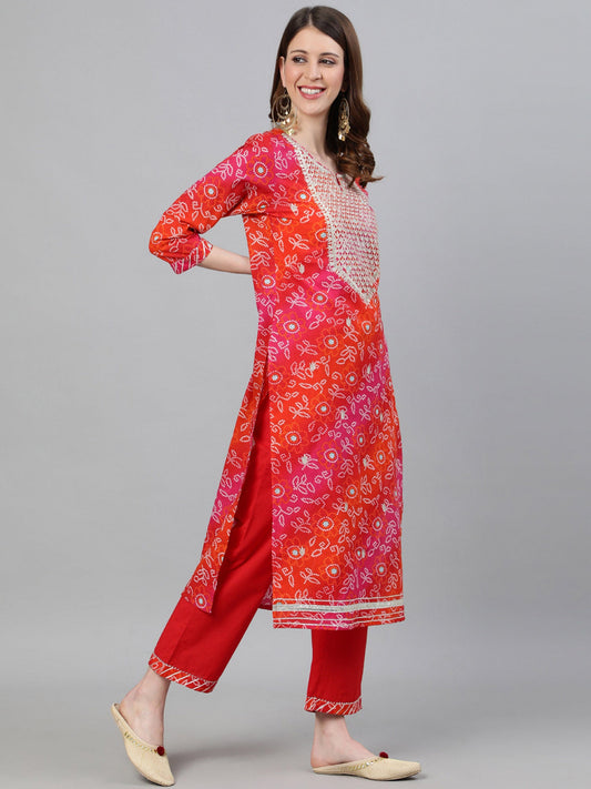 ISHIN Multicolor Bandhani Zari Embroidered A-Line Kurta Palazzo Dupatta (Set of 3)