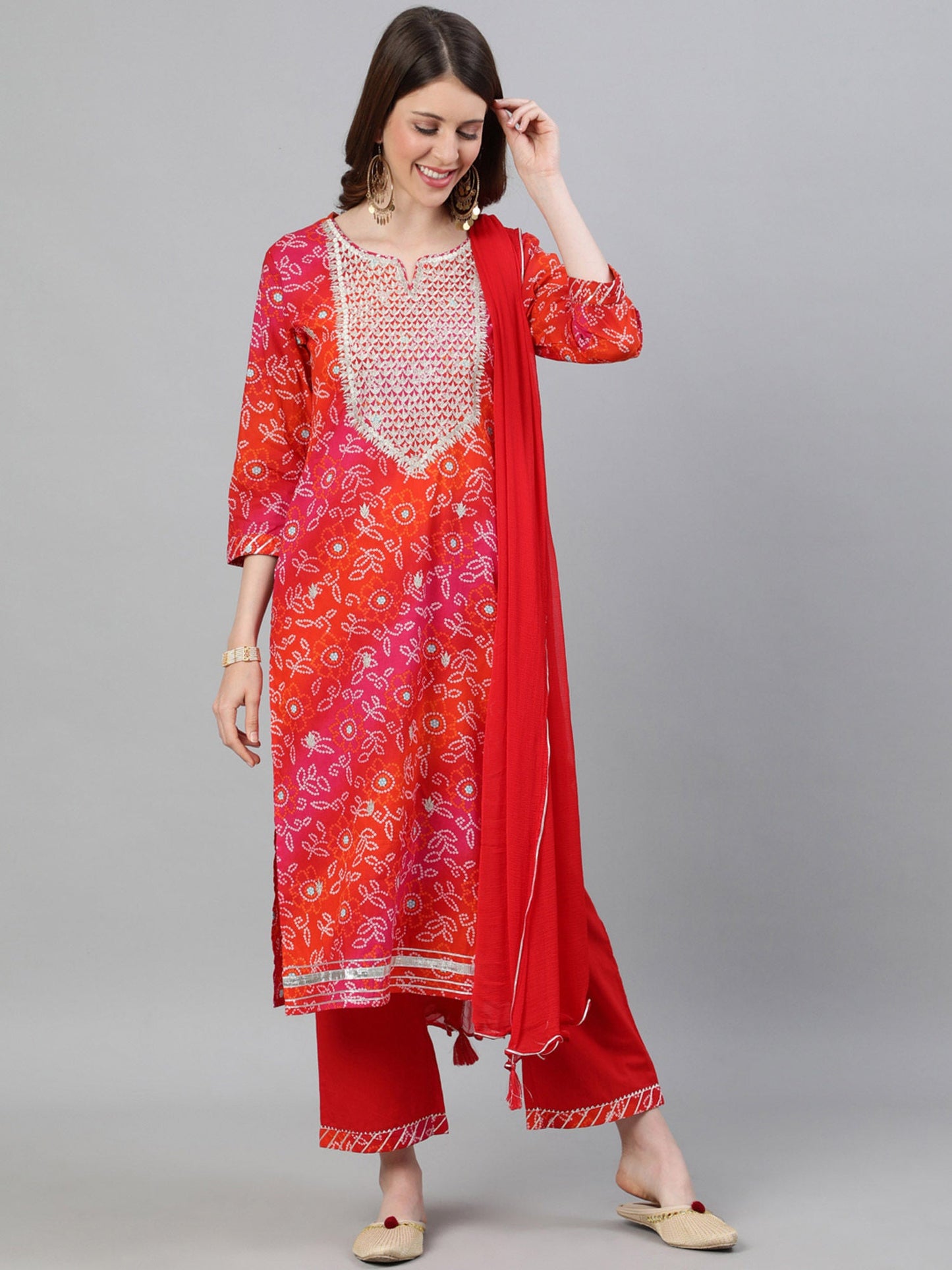 ISHIN Multicolor Bandhani Zari Embroidered A-Line Kurta Palazzo Dupatta (Set of 3)