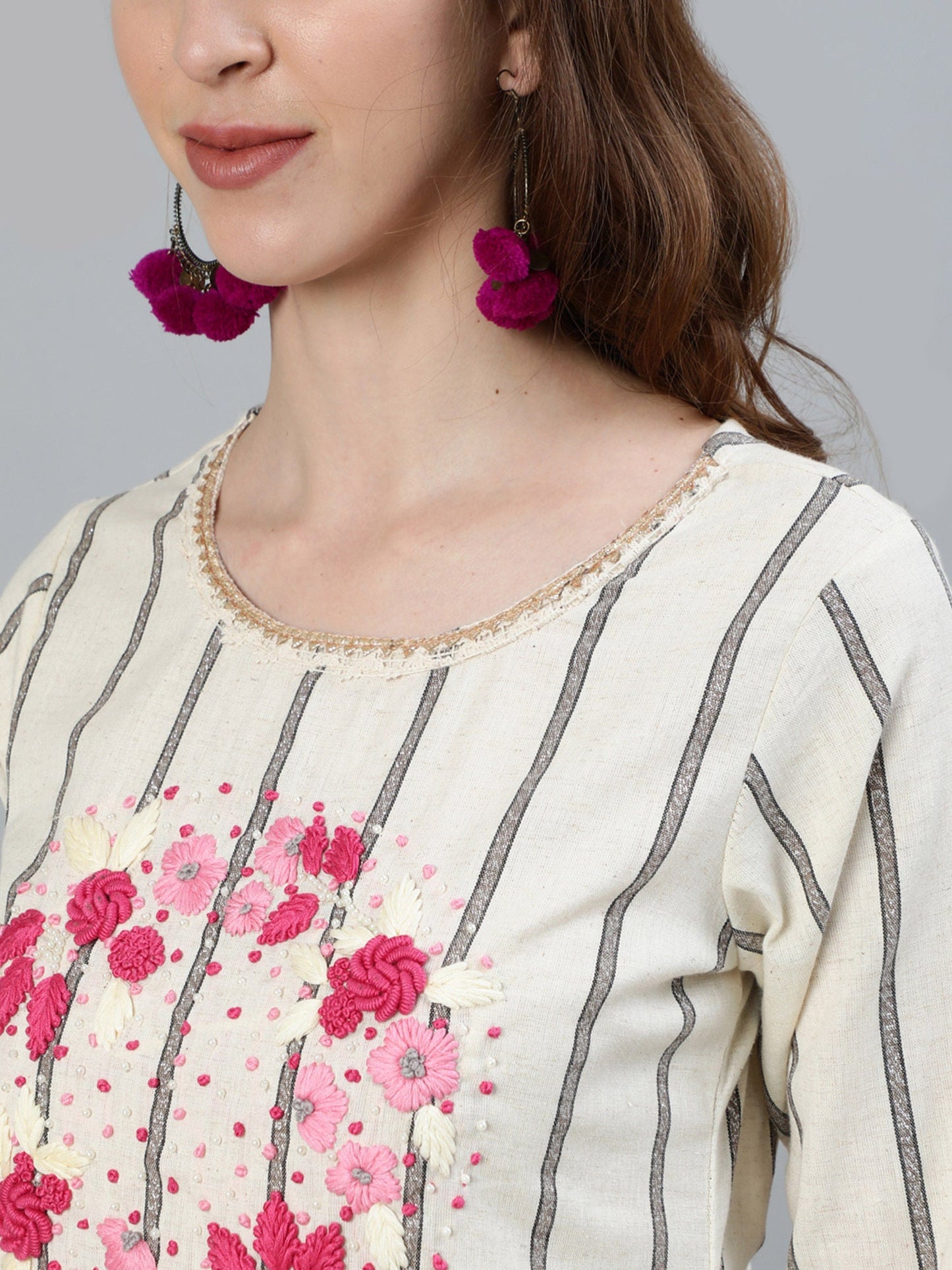 ISHIN Off Whte Embroidered A-Line Kurta With Trouser & Dupatta (Set of 3)