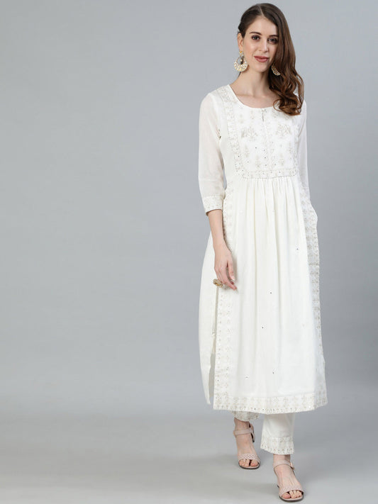 ISHIN Off White Zari Embroidered High Slit Kurta With Trouser (Set of 2)