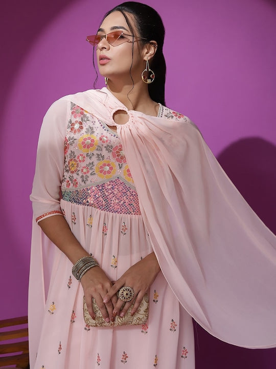 AKS Couture Ethnic Motifs Embroidered A-Line Sequinned Kurta With Palazzos & Dupatta