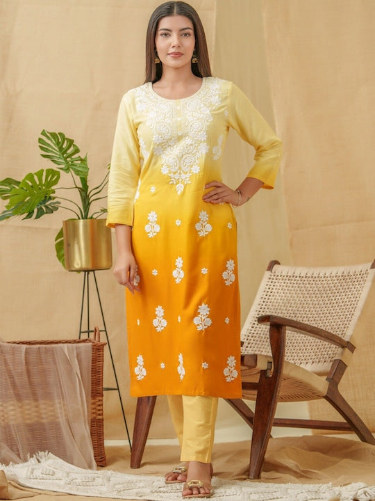House of Pataudi Floral Embroidered Straight Calf Length Kurta