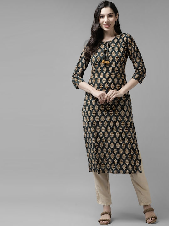 Yufta Women Teal Green Ethnic Motifs Printed Pure Cotton Kurta with Trousers