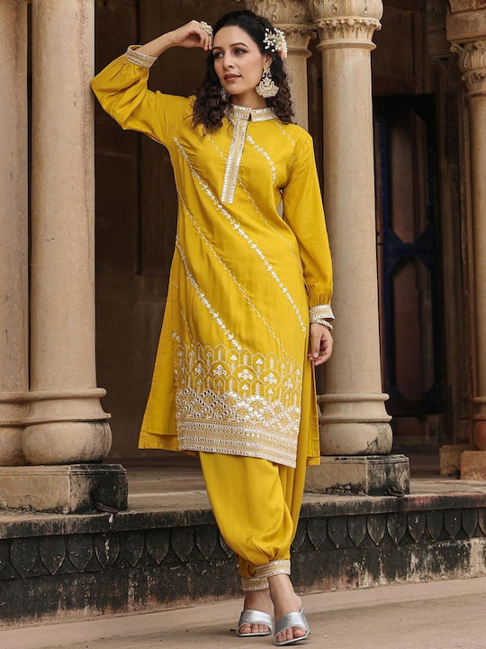 Scakhi Ethnic Motifs Embroidered Mirror Work Mandarin Collar Pure Silk Kurta With Patiala