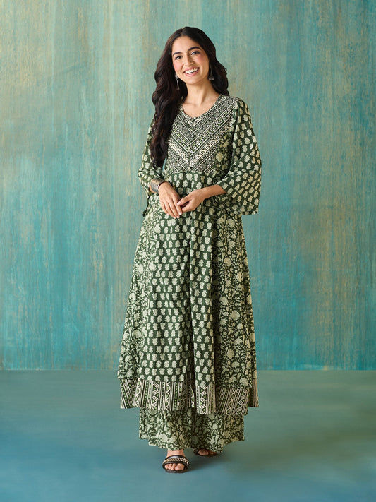 Likha Green Rustic Printed Flared Co-ord Set LIKSKD135 (Set of 2)