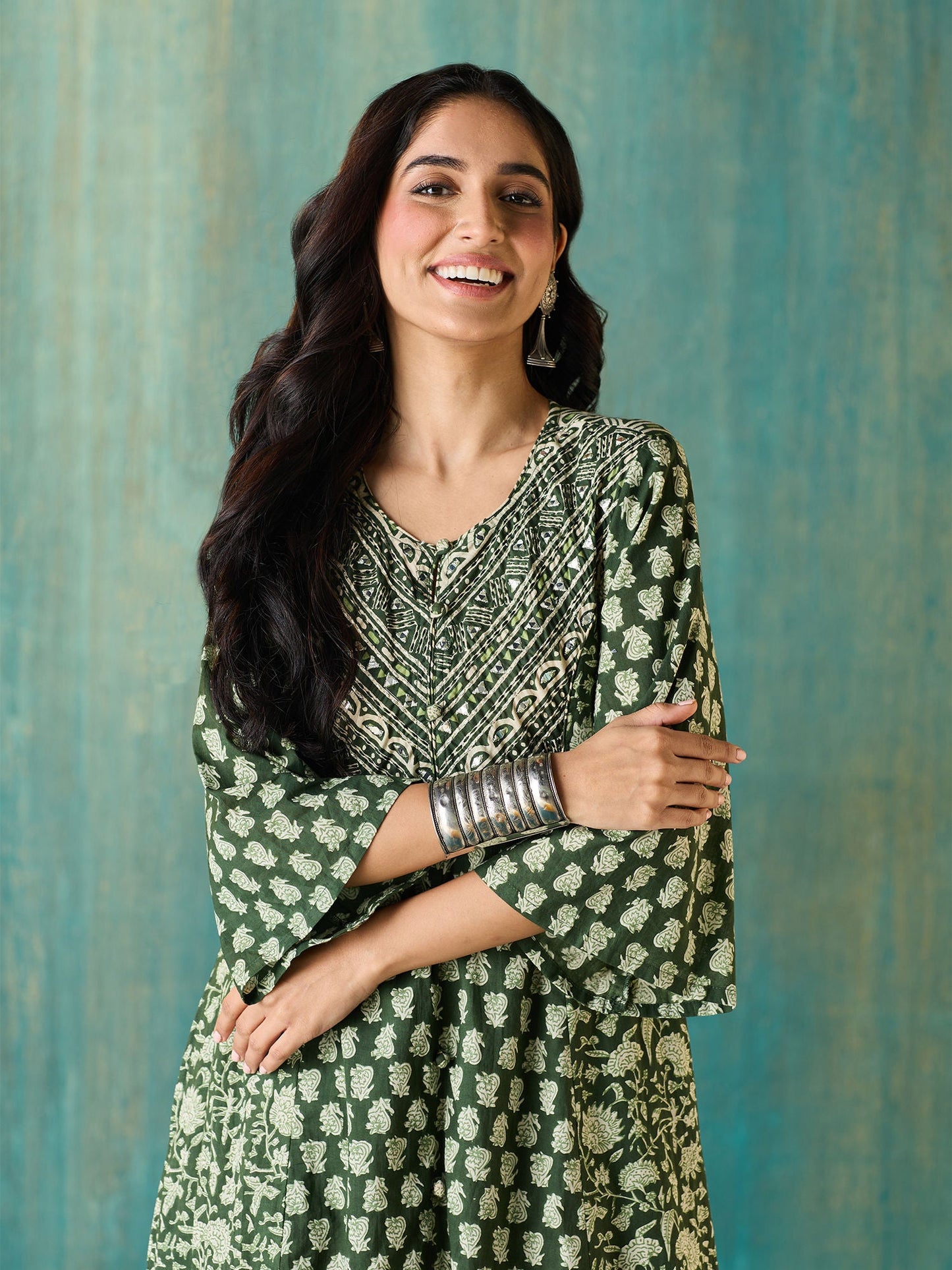 Likha Green Rustic Printed Flared Co-ord Set LIKSKD135 (Set of 2)