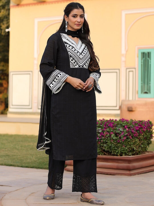 Juniper Black & White Yoke Design Mirror Work Pure Cotton Kurta With Palazzos & Dupatta - S