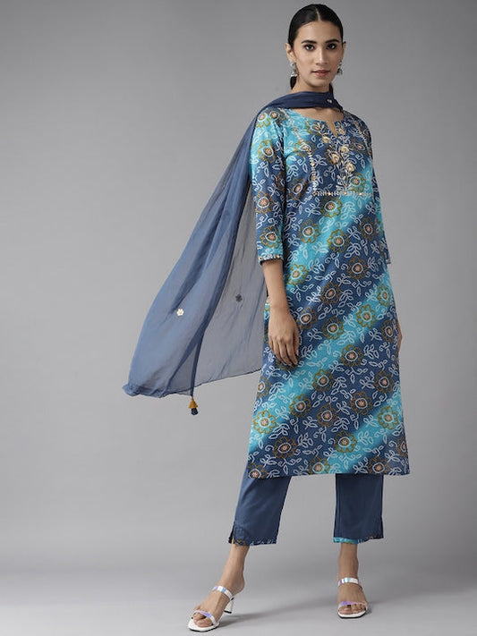 Yufta Women Blue Bandhani Printed Embroidered Detail Cotton Kurta with Trousers & Dupatta