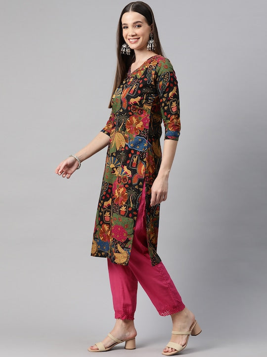Readiprint Fashions Floral Printed Sequinned Pure Cotton Kurta