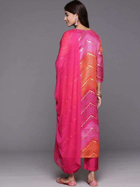 Varanga Bandhani Printed Regular Kurta with Trousers & With Dupatta