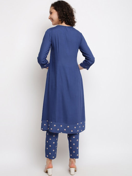 IMARA Floral Printed Keyhole Neck Gotta Patti Pleated A-Line Kurta with Trousers