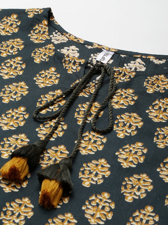 Yufta Women Teal Green Ethnic Motifs Printed Pure Cotton Kurta with Trousers