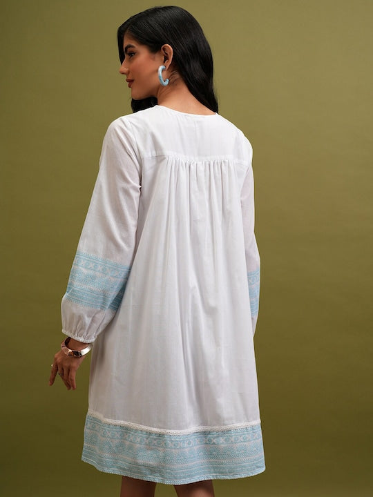 Vishudh White Floral Embroidered Tie-Up Neck Cotton Empire Dress