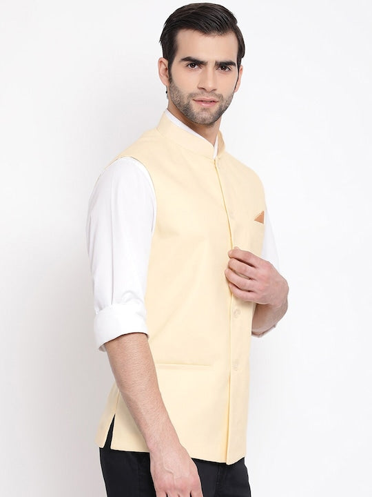 Vastramay Men Cream Coloured Solid Slim-Fit Woven Nehru Jacket
