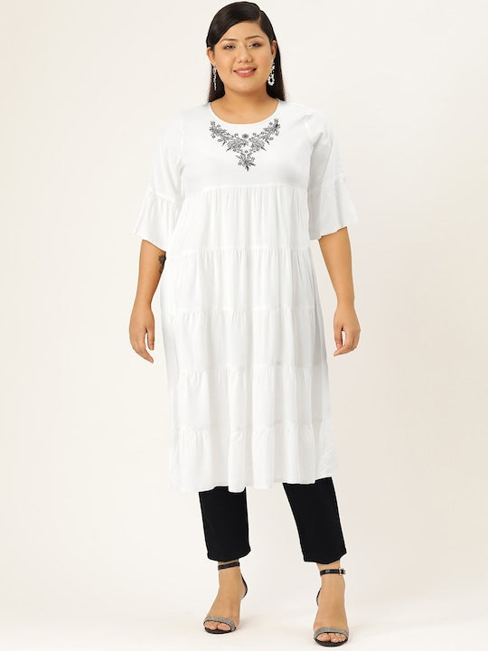 Here&now Women White Yoke Design Anarkali Kurta