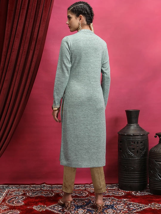 Vishudh Sea Green Floral Embroidered Mandarin Collar Kurta