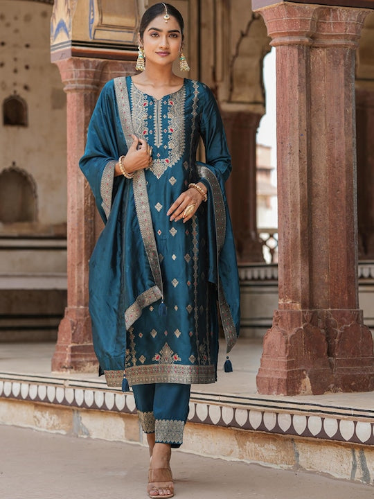 Scakhi Ethnic Motifs Woven Design Regular Kurta With Trousers & Dupatta