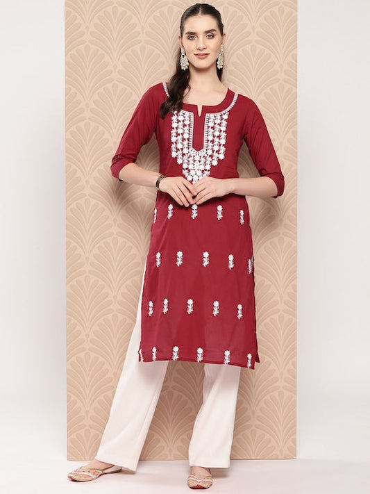 Yufta Floral Embroidered Chikankari Pure Cotton Kurta