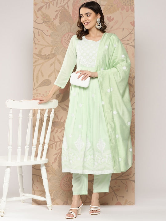 Yufta Women Floral Embroidered Pleated Thread Work Kurta with Trousers & With Dupatta