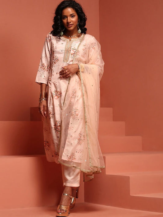IMARA Floral Printed Thread Work Shantoon A-Line Kurta With Trousers & Dupatta