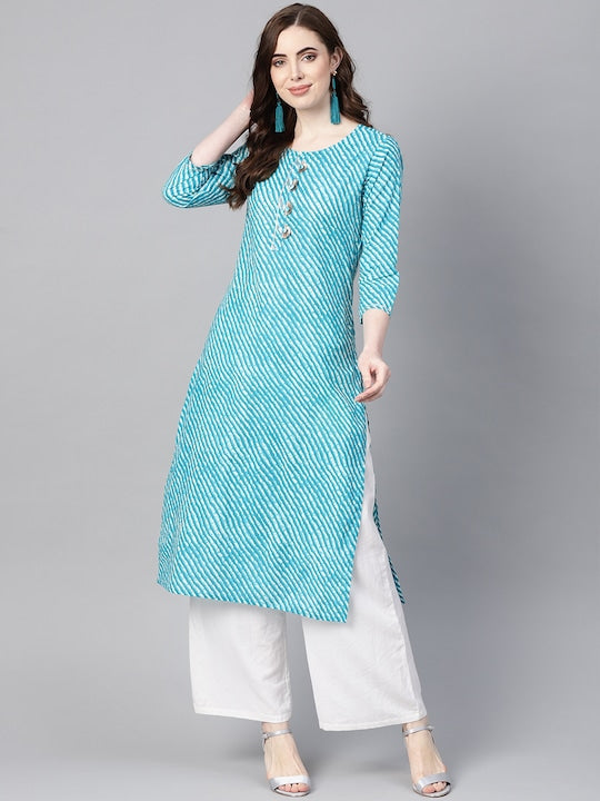 Yufta Women Blue & Off-White Leheriya Dyed Straight Kurta Blue