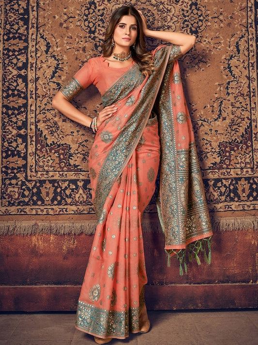 Sangria Rust Ethnic Motifs Woven Design Banarasi Saree