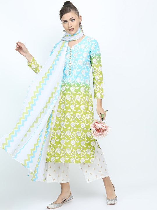 Vishudh Women Blue Floral Printed Kurta with Palazzos & With Dupatta