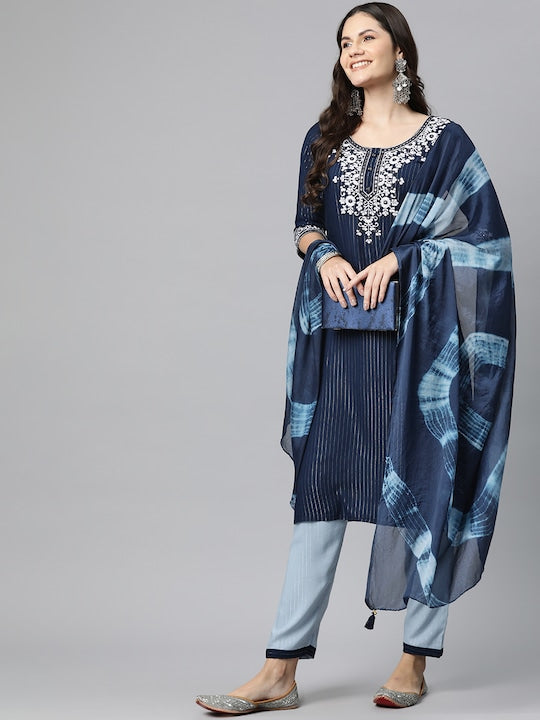 Readiprint Fashions Floral Embroidered Thread Work Kurta with Trousers & Dupatta