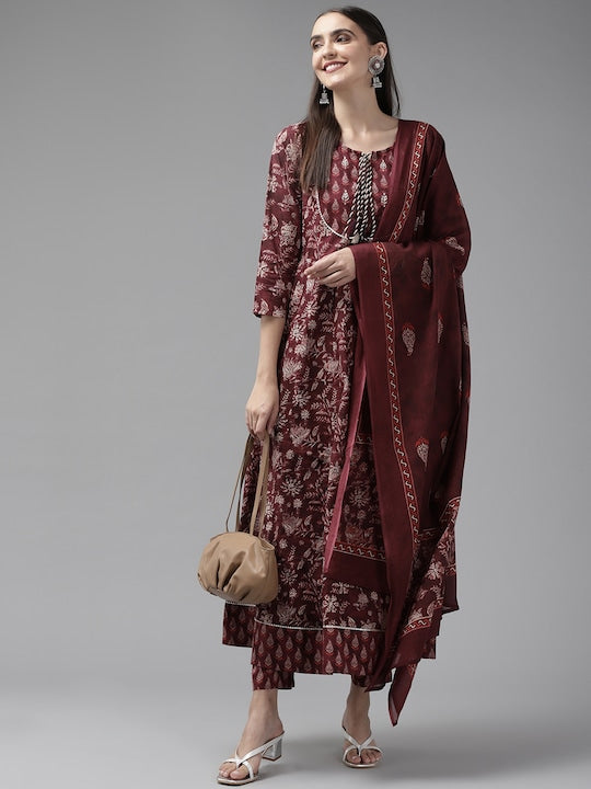 Yufta Women Maroon Ethnic Motifs Aari Work Kurta with Trousers & Dupatta