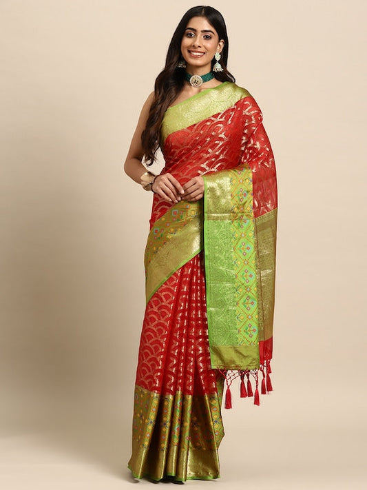 Silk Land Red & Green Zari Silk Blend Banarasi Saree