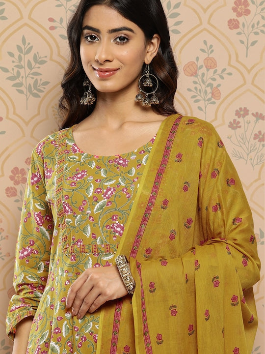 Yufta Women Mustard Yellow Floral Yoke Design Regular Sequinned Pure Cotton Kurta with Trousers & With