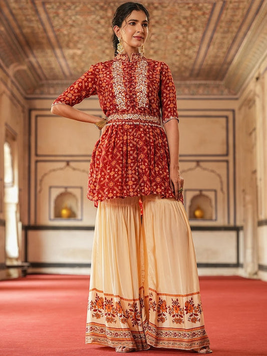 Scakhi Ethnic Motifs Printed A-Line Pleated Zari Silk Crepe Kurti With Sharara & Belt