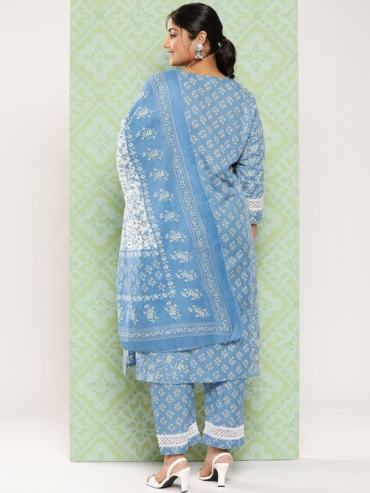 Yufta Plus Size Floral Printed Regular Pure Cotton Kurta with Trousers & Dupatta
