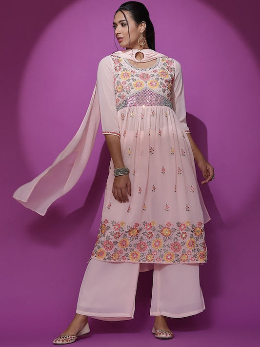 AKS Couture Ethnic Motifs Embroidered A-Line Sequinned Kurta With Palazzos & Dupatta